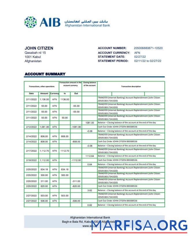 Downloadable Afghanistan International Bank (AIB) bank statement example